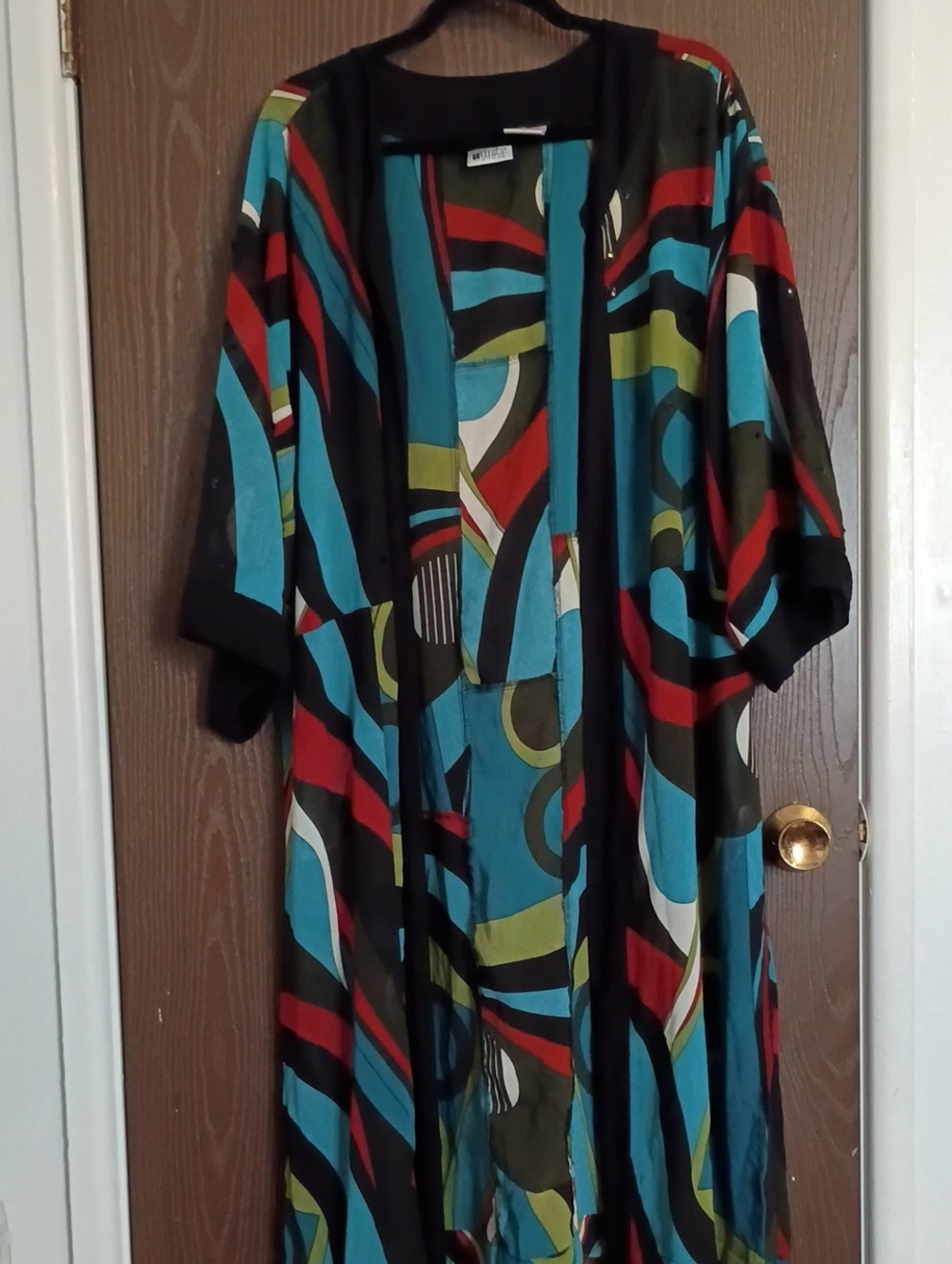 Printed Open-Front Kimono Jacket in Teal, Red & Olive